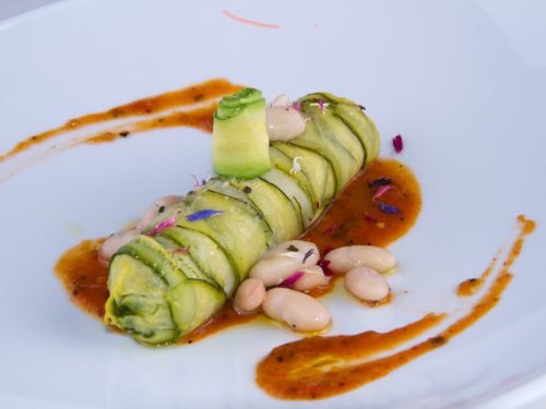 Cannoli of zucchini, roasted tomato sauce, cannellini beans and mint - Brut sparkling wine di bellone Classic method - Cincinnato